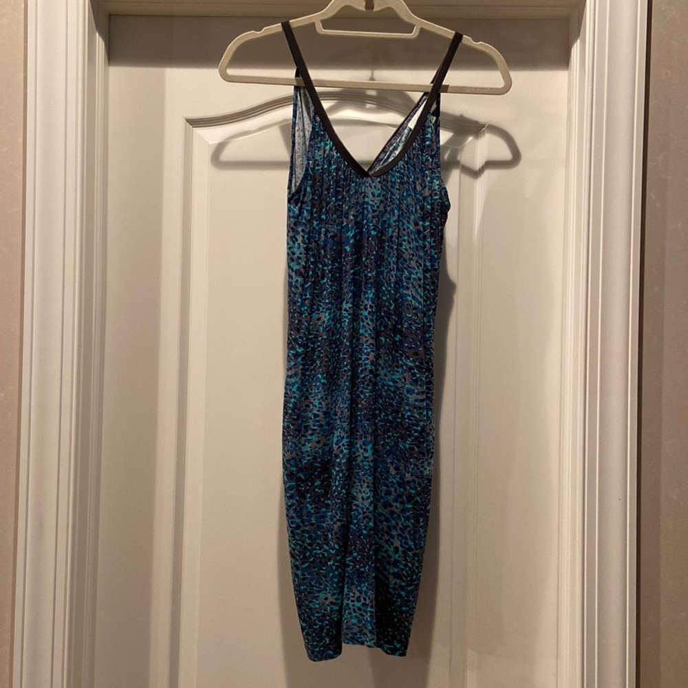 Contemporary Blue Leopard Dress with Adjustable Zipper Neckline, Size XS